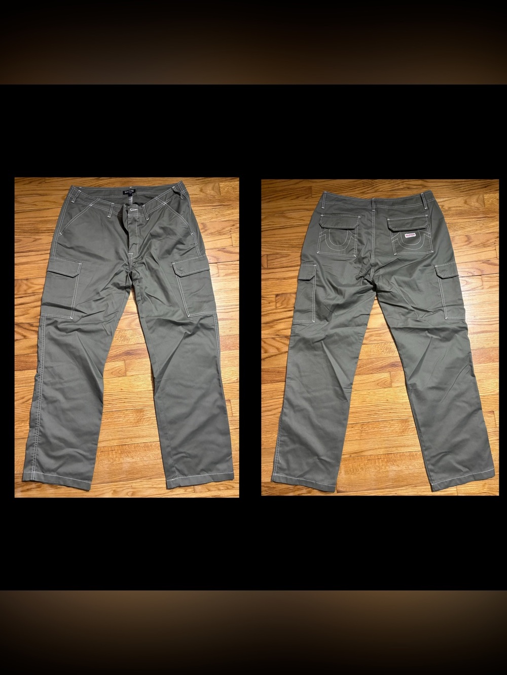 True Religion Cargo Pants Kalamata Green White Stitch  36x32 New No tags!
